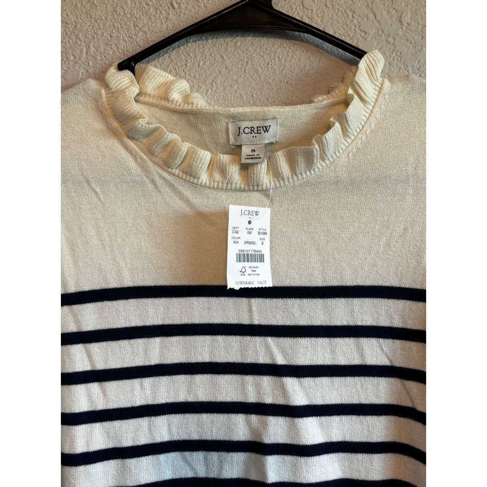 J.Crew Womens Ruffle Neck Striped Sweater Ivory Navy Blue BV386 Small NWT